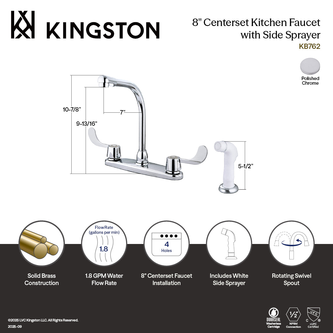 Kingston Tulare KB762 - Magellan Two-Handle 4-Hole 8" Centerset Kitchen Faucet with Side Sprayer, Polished Chrome — thumbnail 2